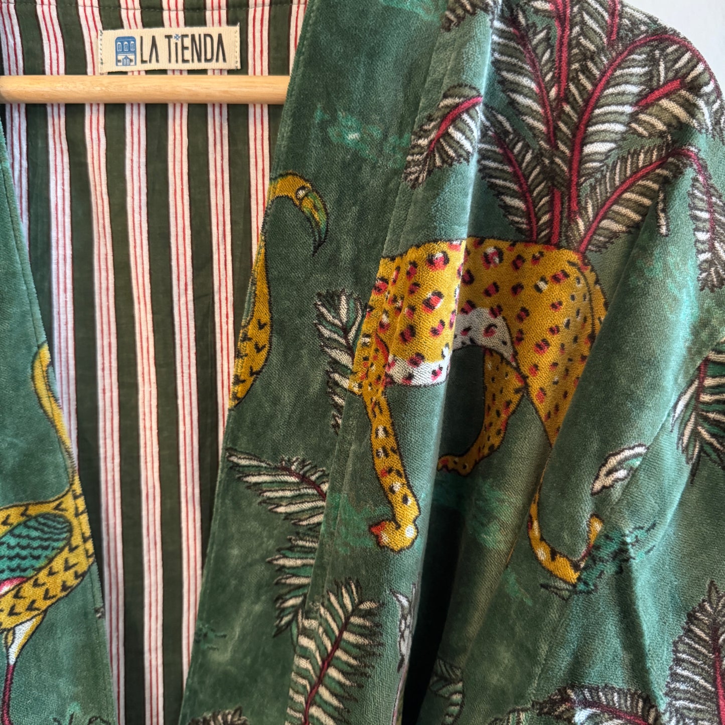 Block Print Velvet Kimono - Green with leopards