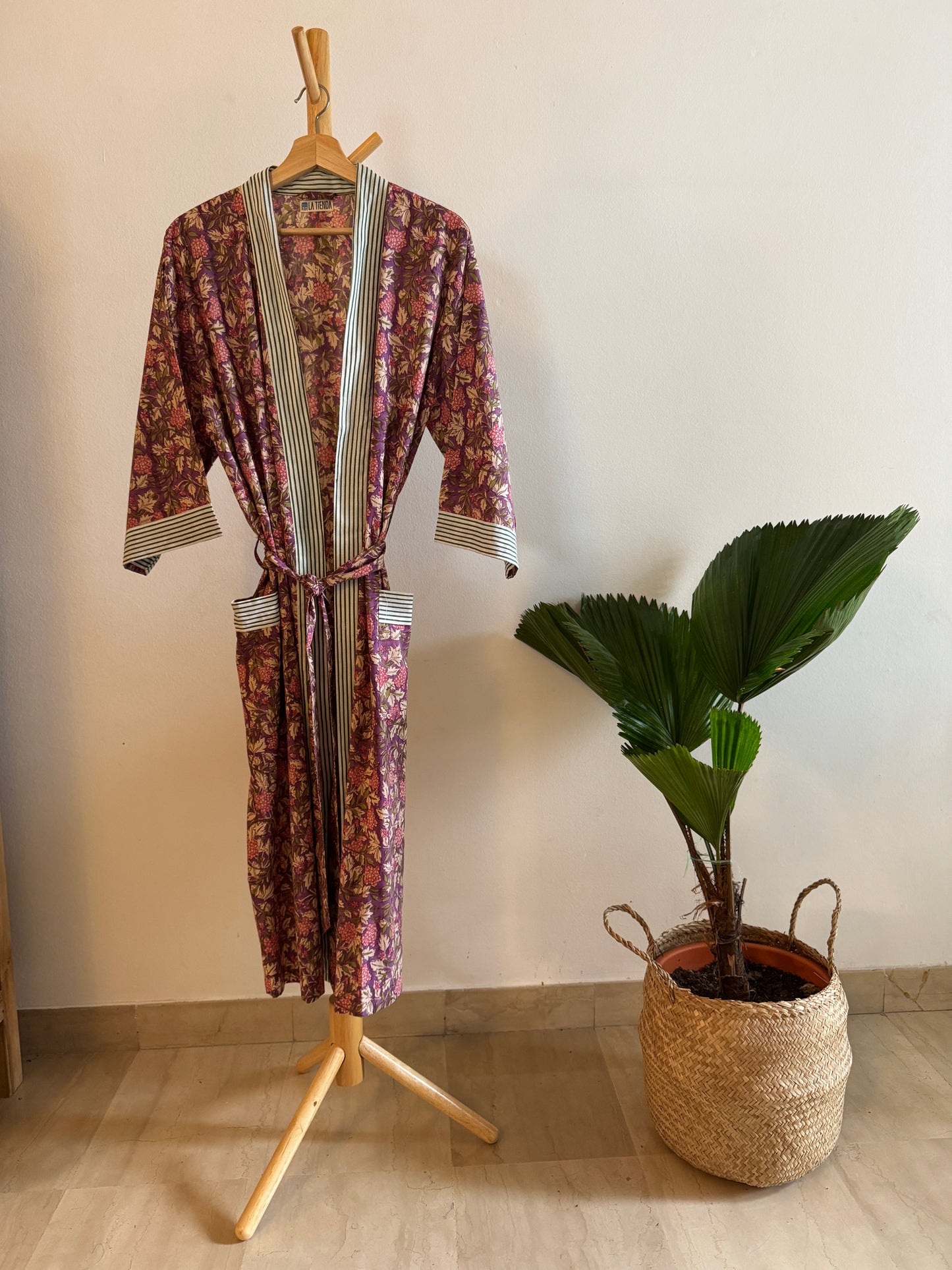 Block Print Kimono - Purple with leaves and pink flower