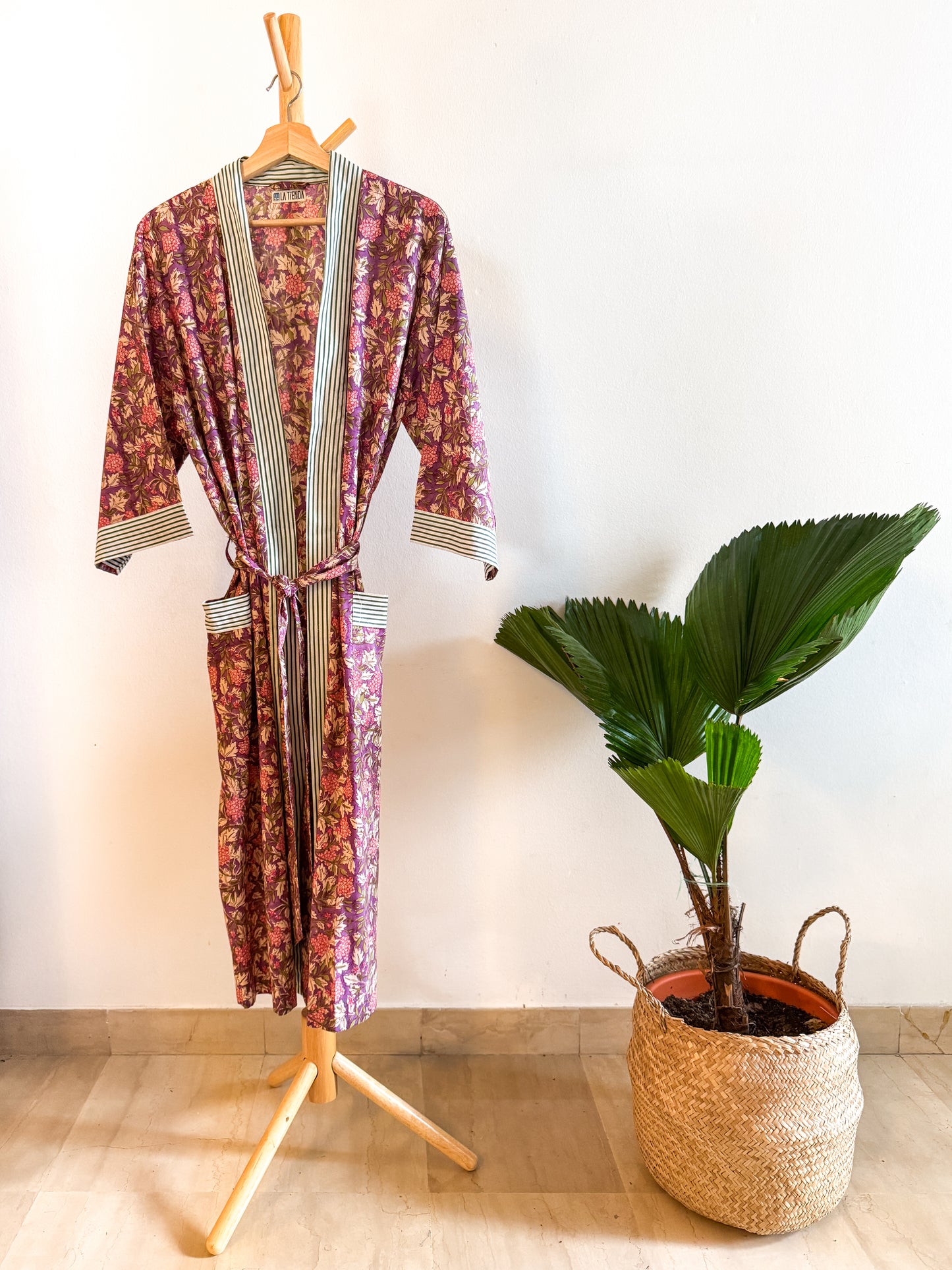 Block Print Kimono - Purple with leaves and pink flower