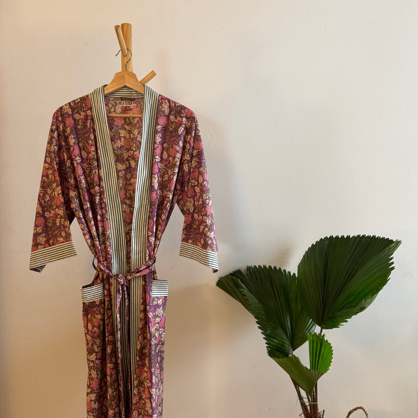 Block Print Kimono - Purple with leaves and pink flower