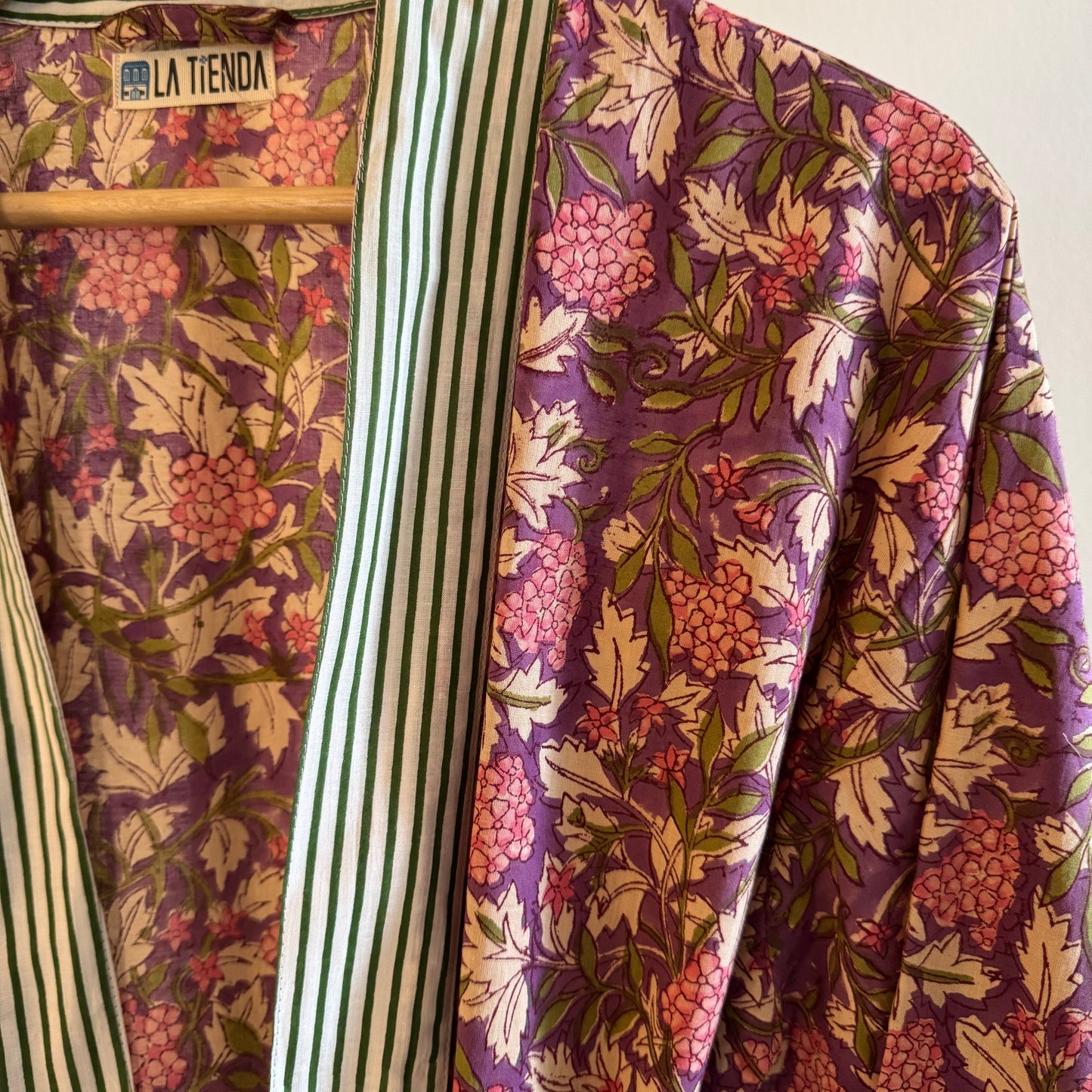 Block Print Kimono - Purple with leaves and pink flower