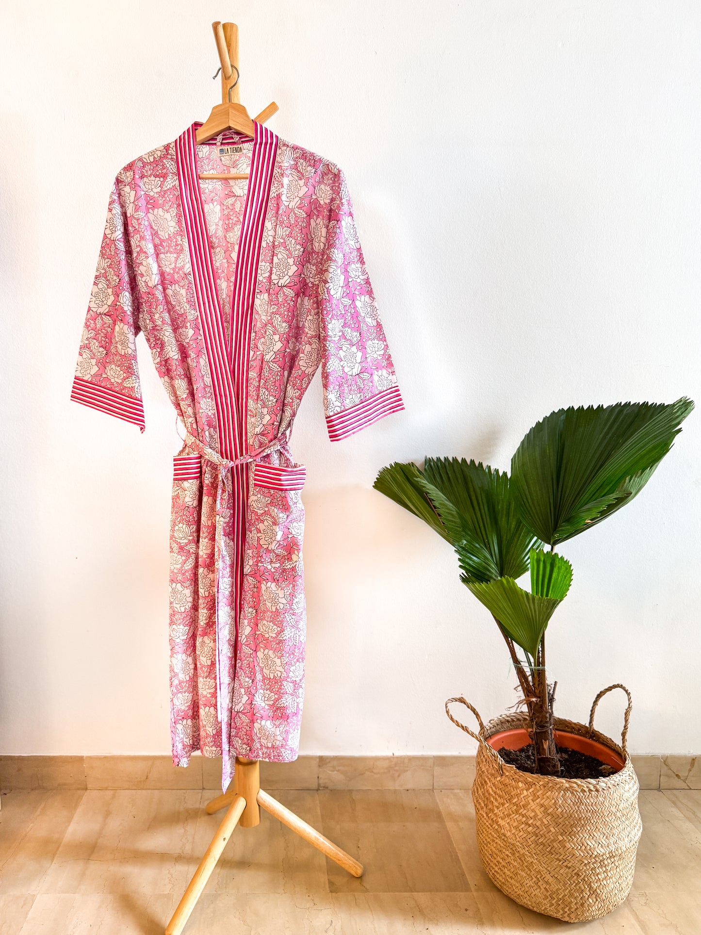 Block Print Kimono - Pink with white flowers