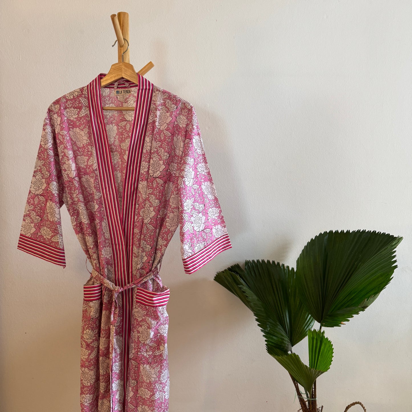 Block Print Kimono - Pink with white flowers