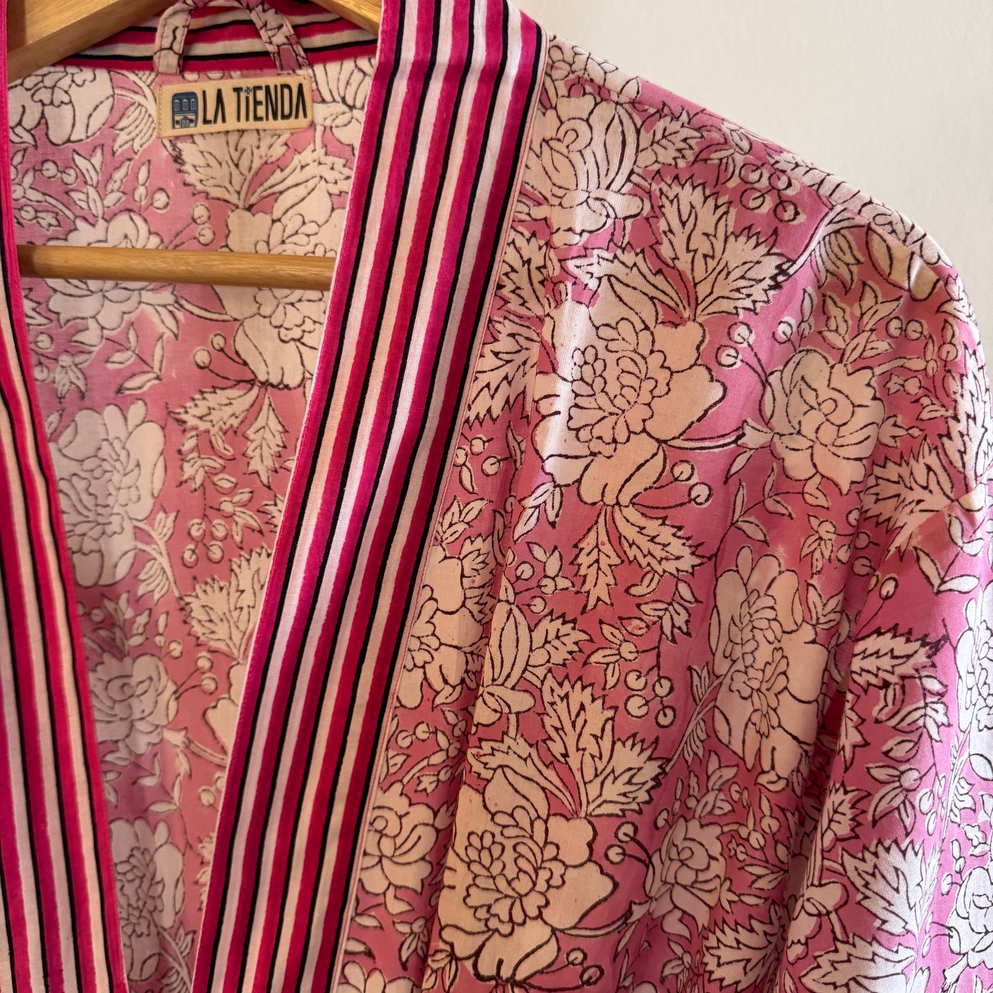 Block Print Kimono - Pink with white flowers