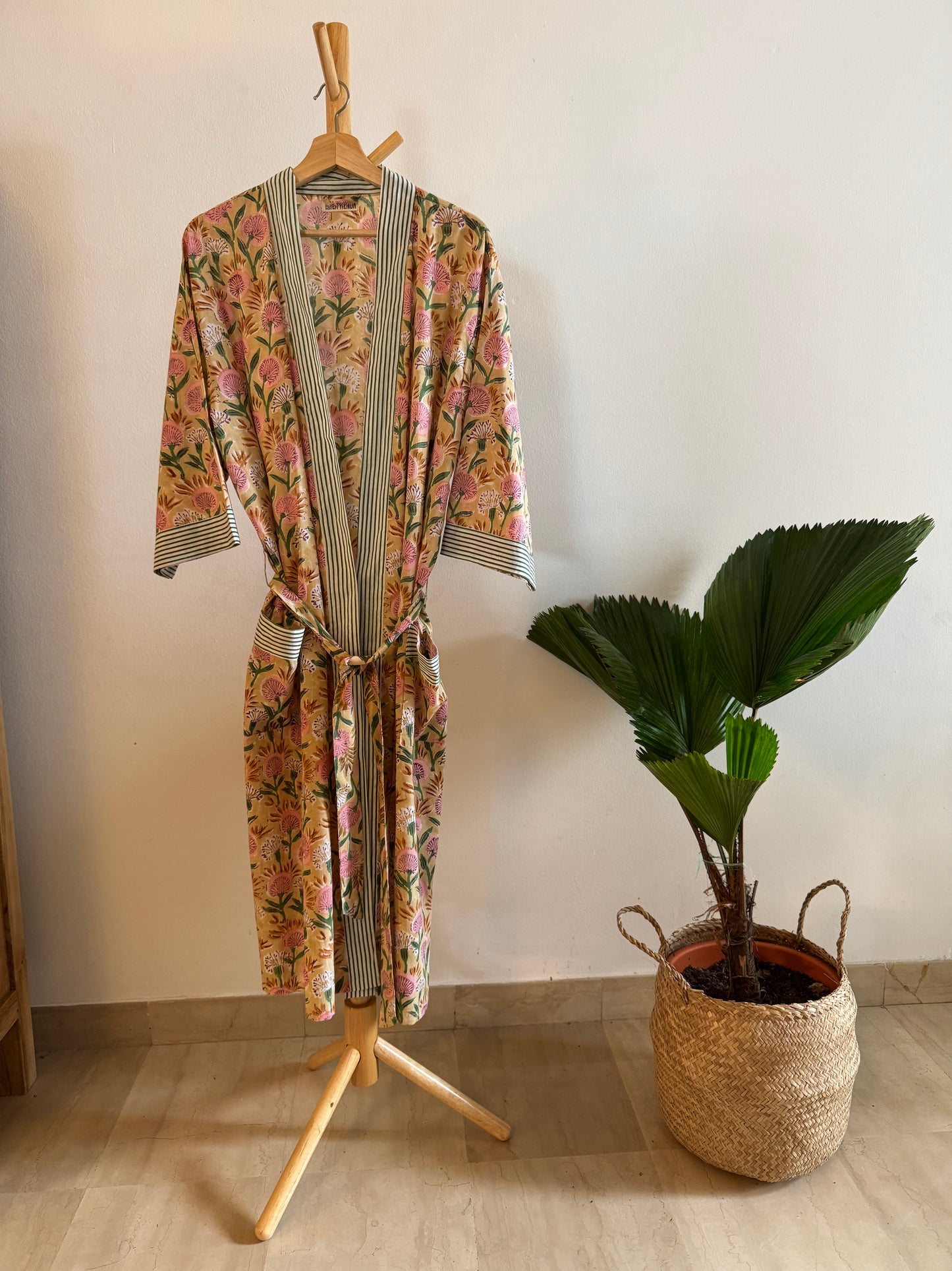 Block Print Kimono -Yellow with leaves and pink flowers