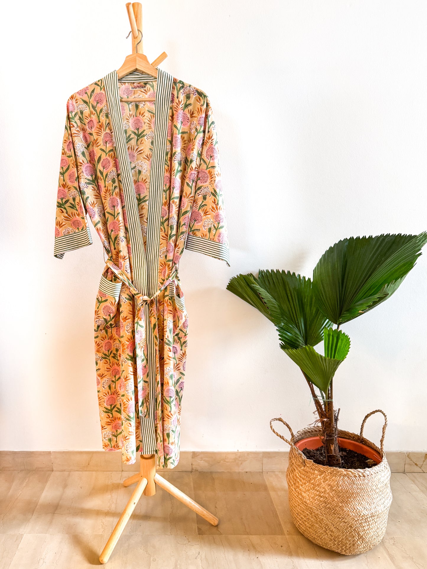Block Print Kimono -Yellow with leaves and pink flowers