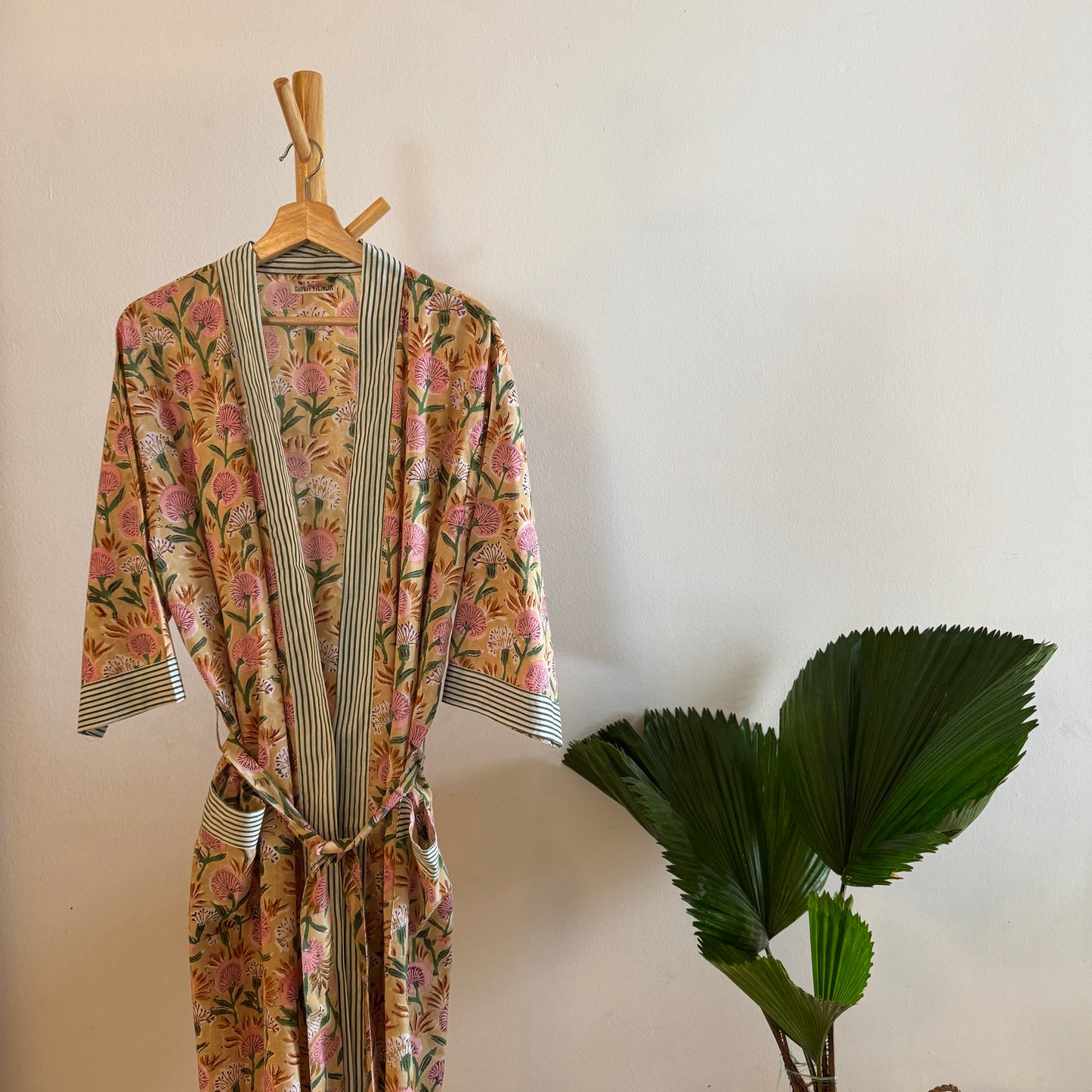 Block Print Kimono -Yellow with leaves and pink flowers