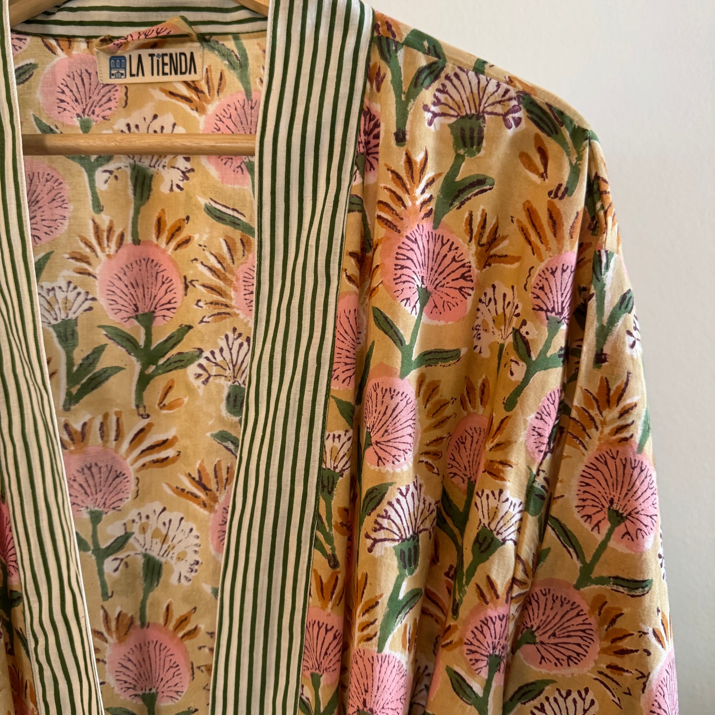 Block Print Kimono -Yellow with leaves and pink flowers