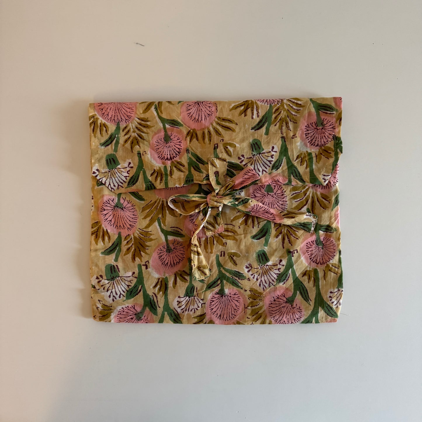 Block Print Kimono -Yellow with leaves and pink flowers