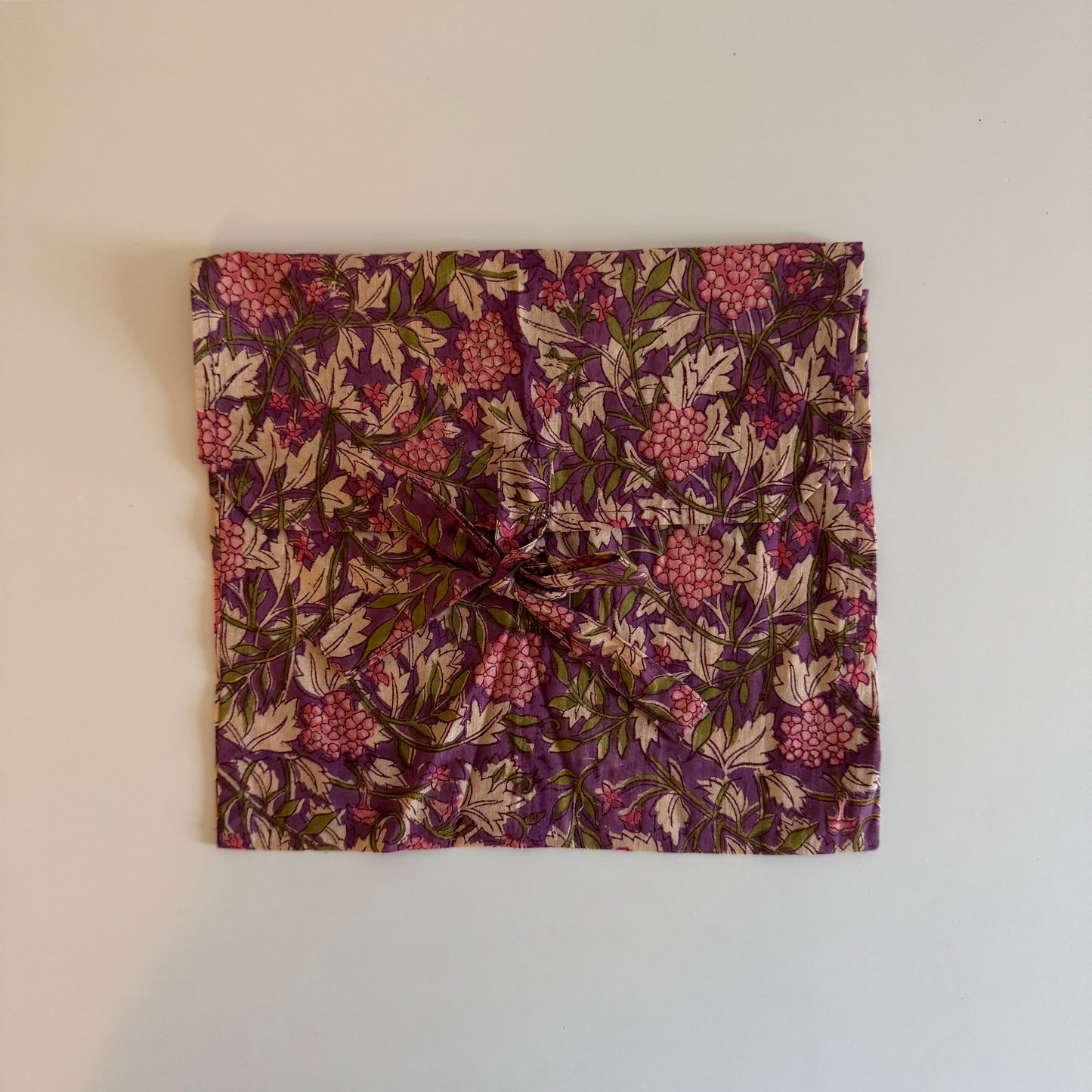 Block Print Kimono - Purple with leaves and pink flower