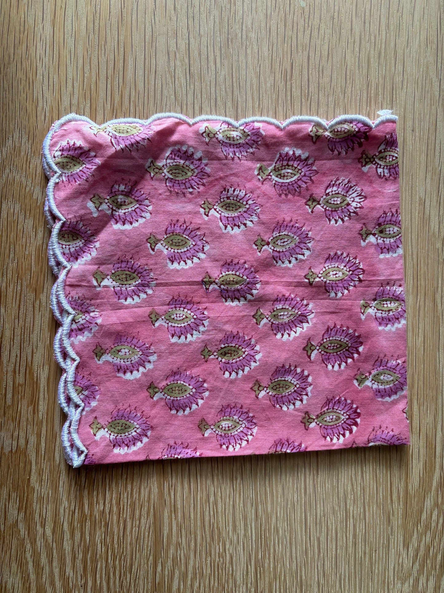 Scalloped Block Print Individual Napkin - Pink with green and pink flowers