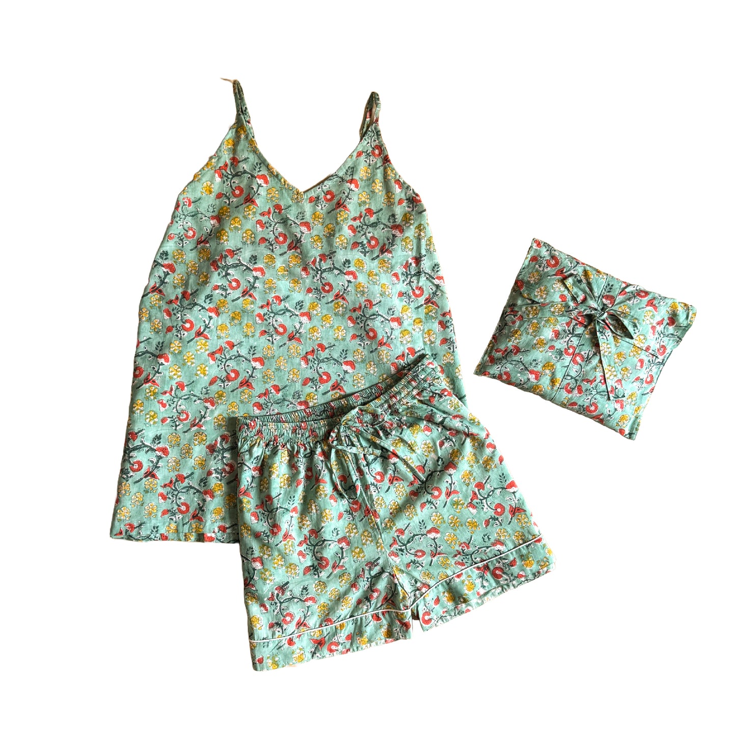 Block Print Camisole Pyjamas - Aqua with red and yellow flowers