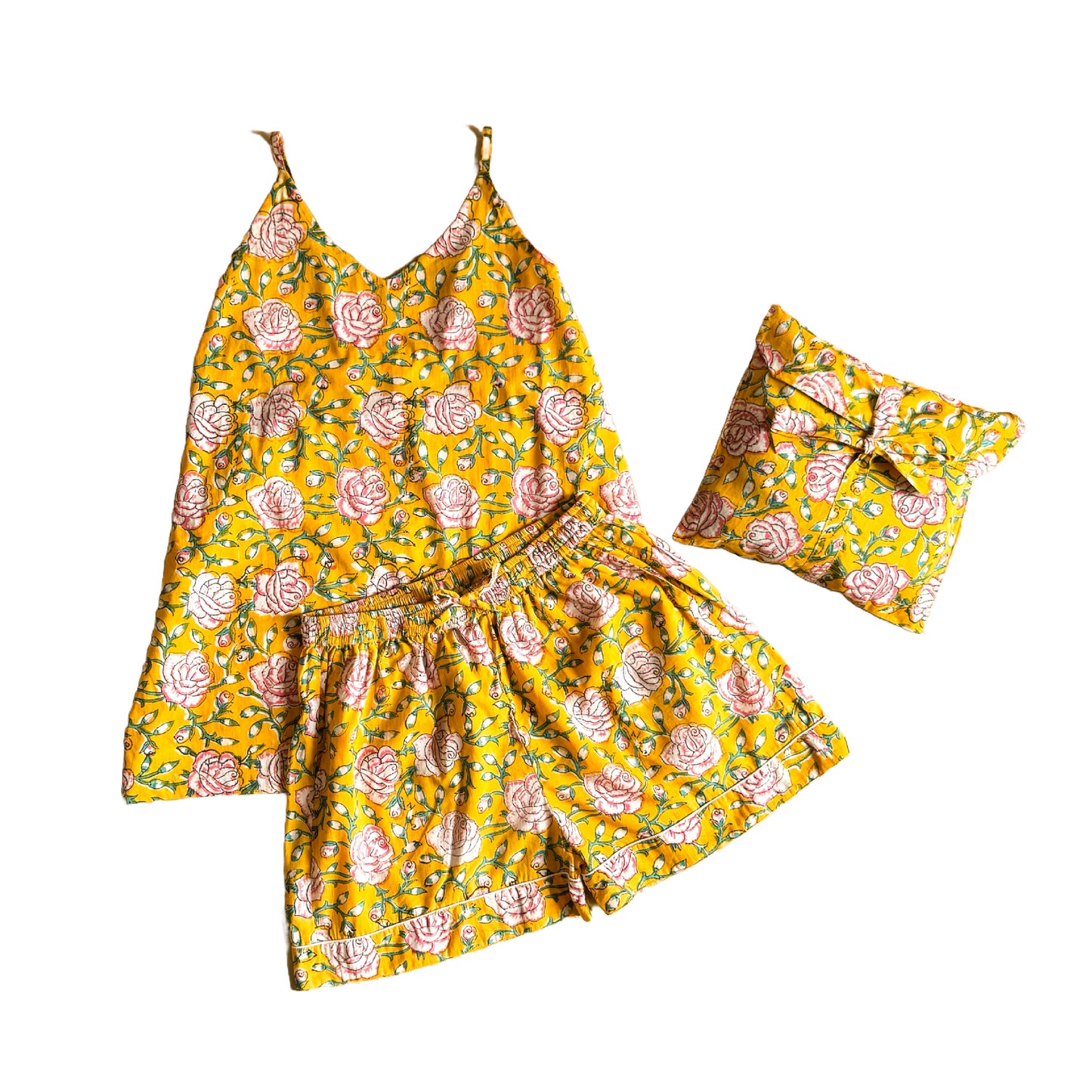 Block Print Camisole Pyjamas - Yellow with pink flowers