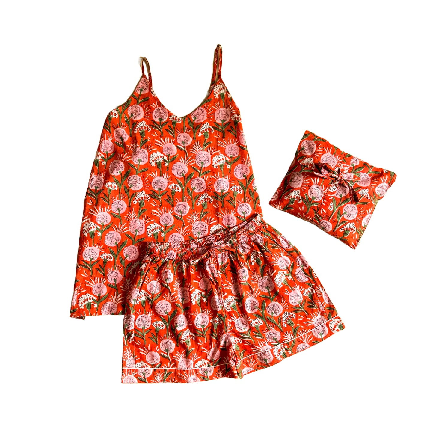 Block Print Camisole Pyjamas - Red with pink flowers