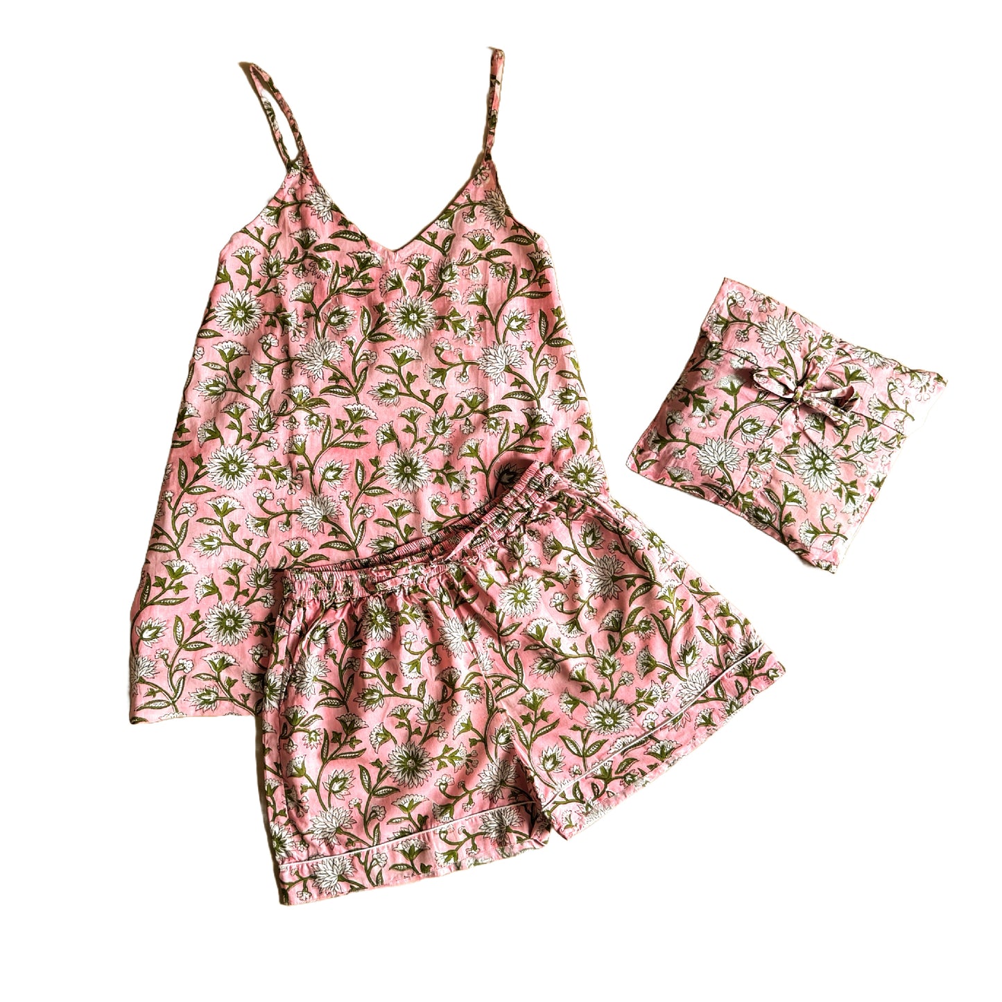 Block Print Camisole Pyjamas - Pink with white flowers