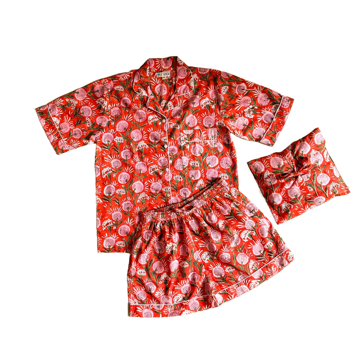 Block Print Short Sleeve Pyjamas - Red with pink flowers