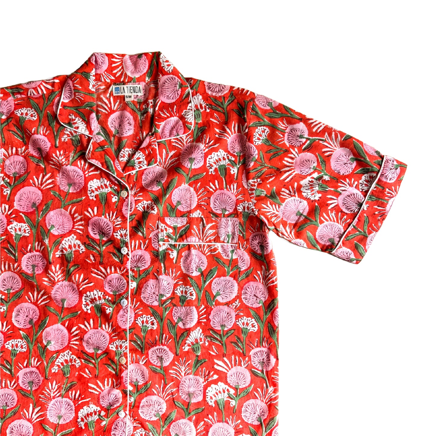 Block Print Short Sleeve Pyjamas - Red with pink flowers
