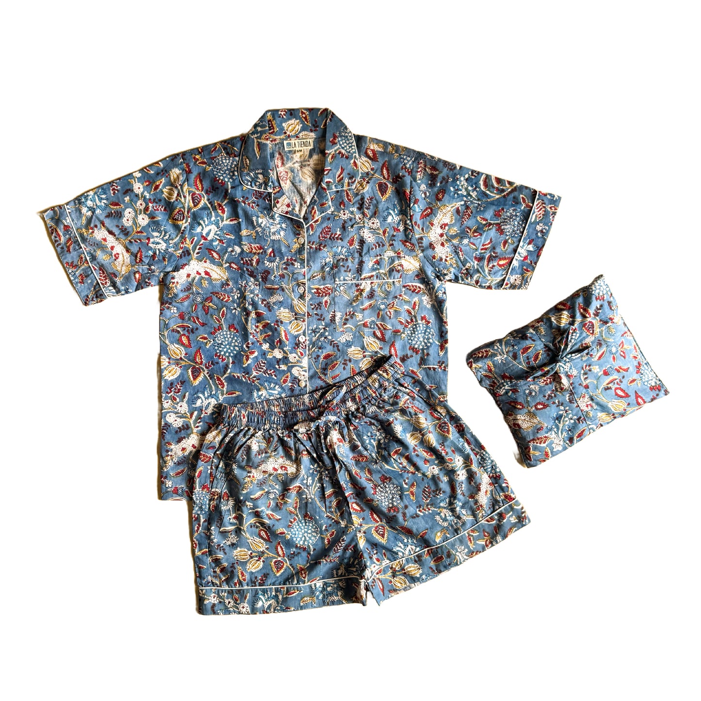 Block Print Short Sleeve Pyjamas - Dark blue with burgundy flowers