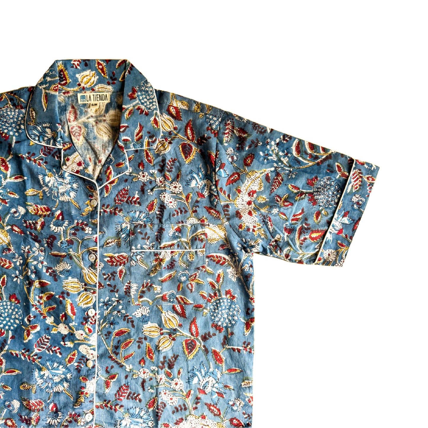 Block Print Short Sleeve Pyjamas - Dark blue with burgundy flowers
