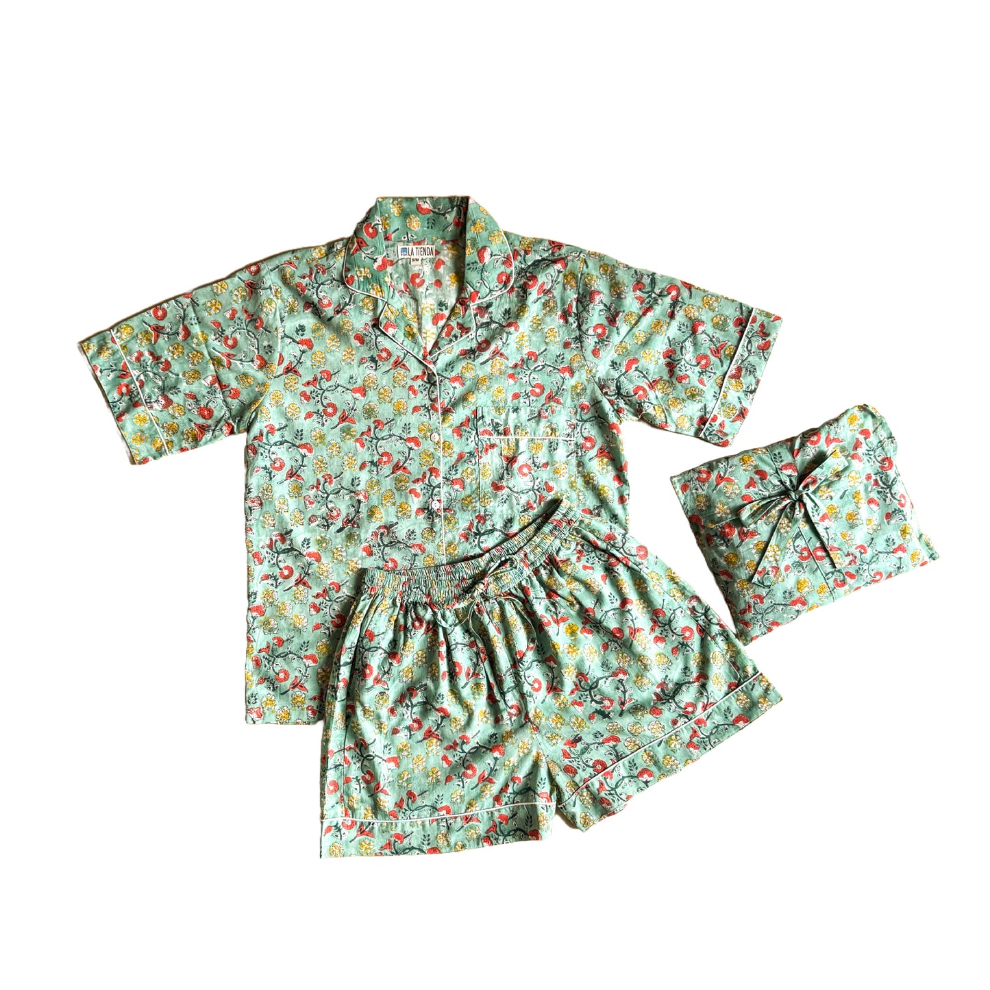 Block Print Short Sleeve Pyjamas - Aqua with red and yellow flowers