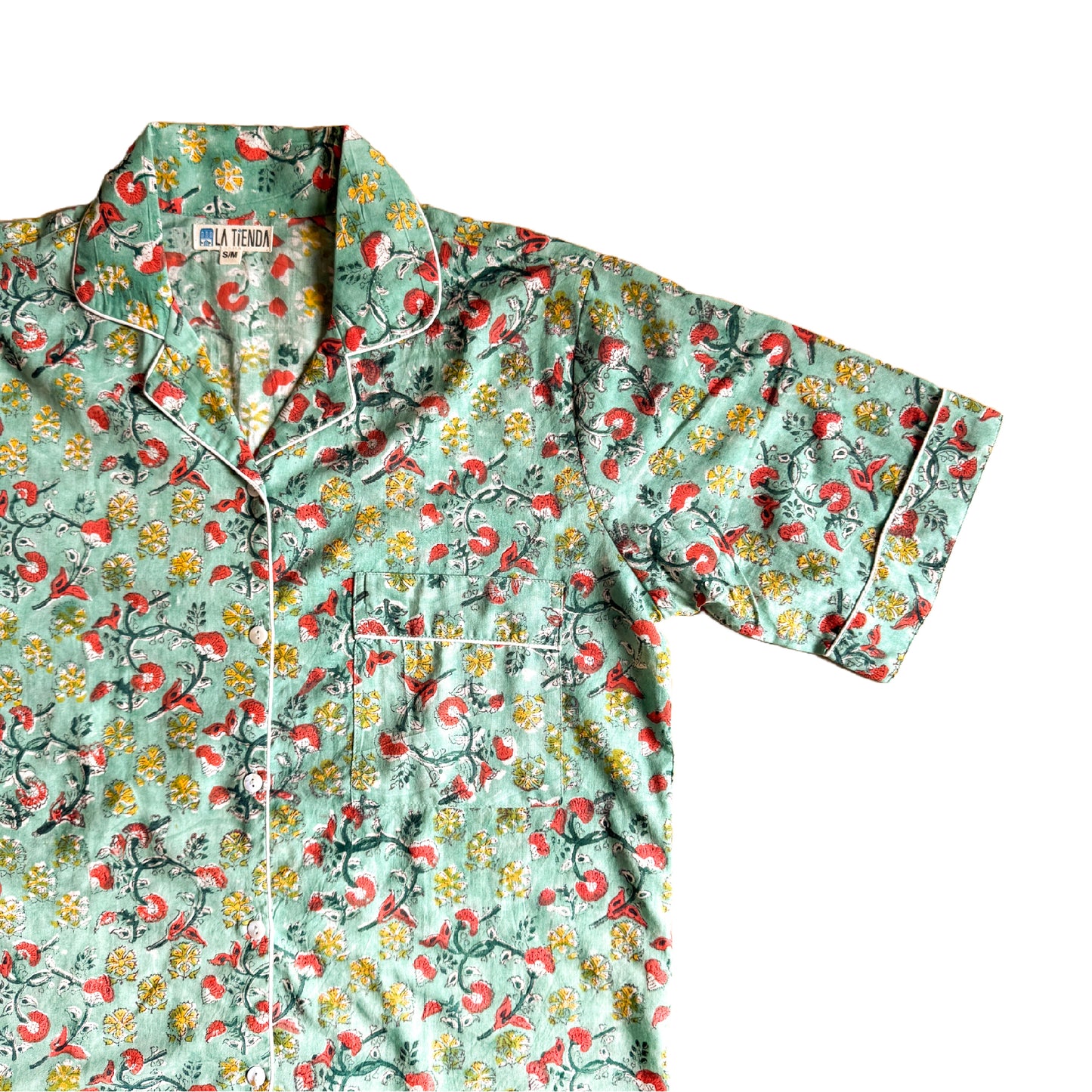 Block Print Short Sleeve Pyjamas - Aqua with red and yellow flowers