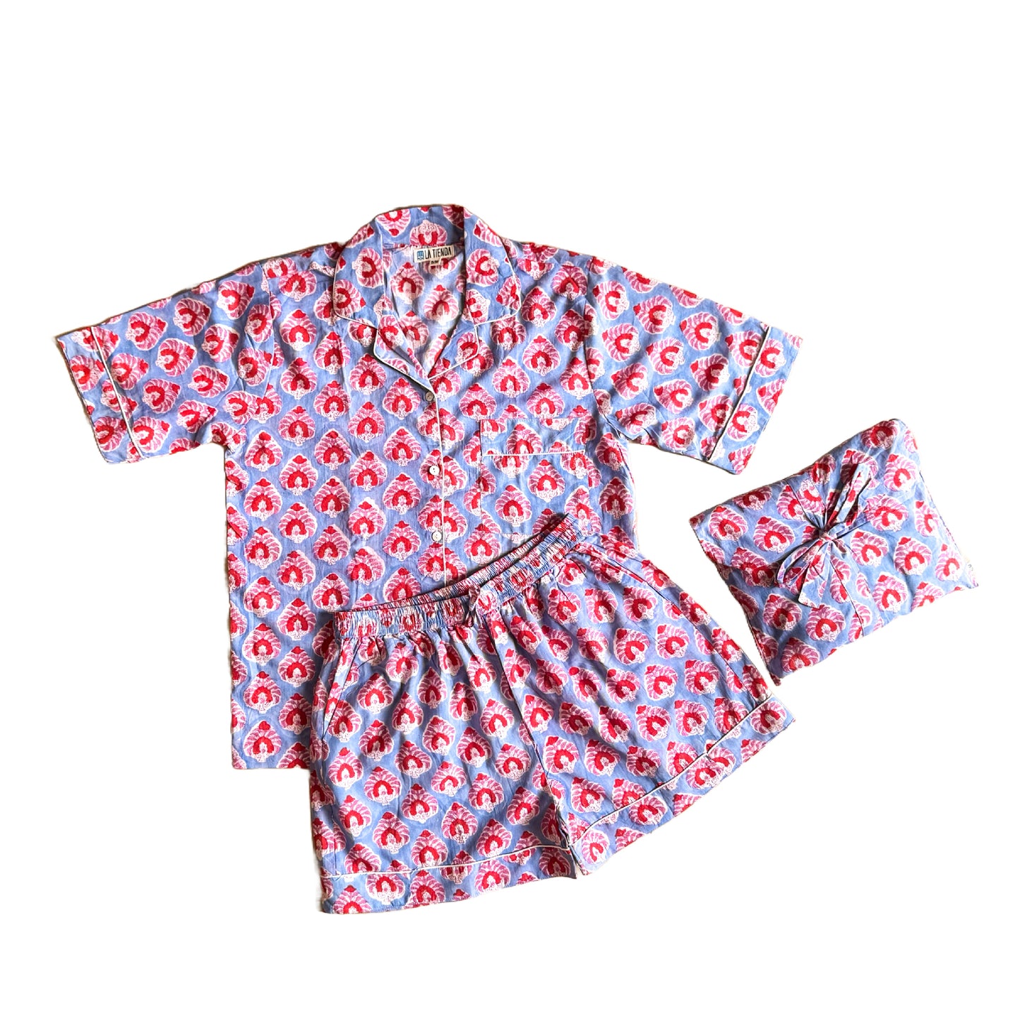 Block Print Short Sleeve Pyjamas - Aqua with pink and red flowers