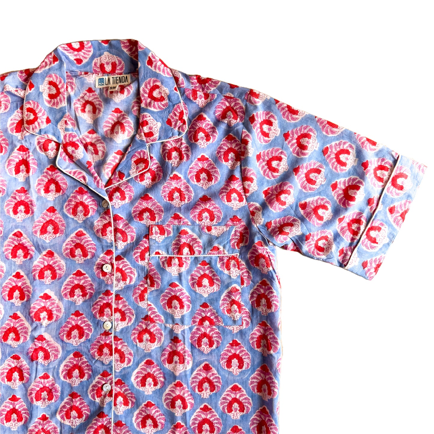 Block Print Short Sleeve Pyjamas - Aqua with pink and red flowers