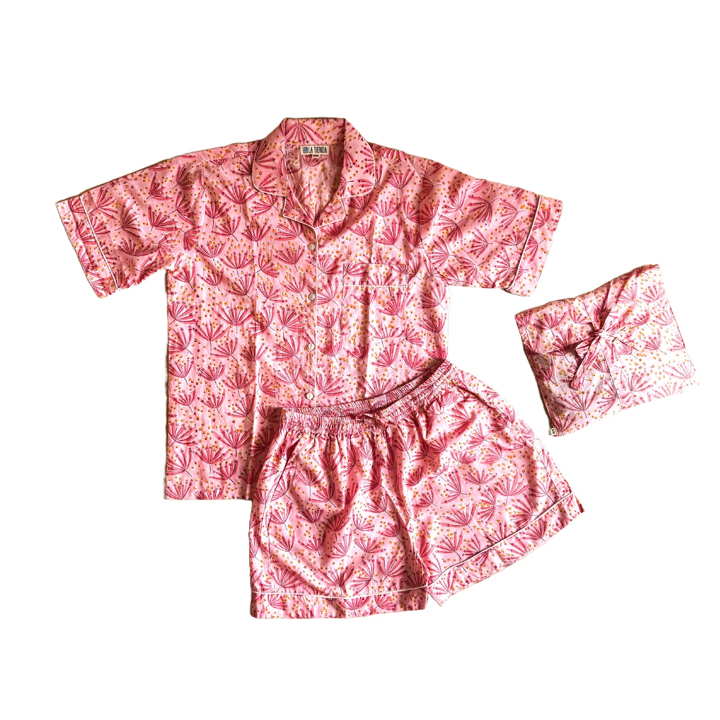 Block Print Short Sleeve Pyjamas - Pink Dandelions