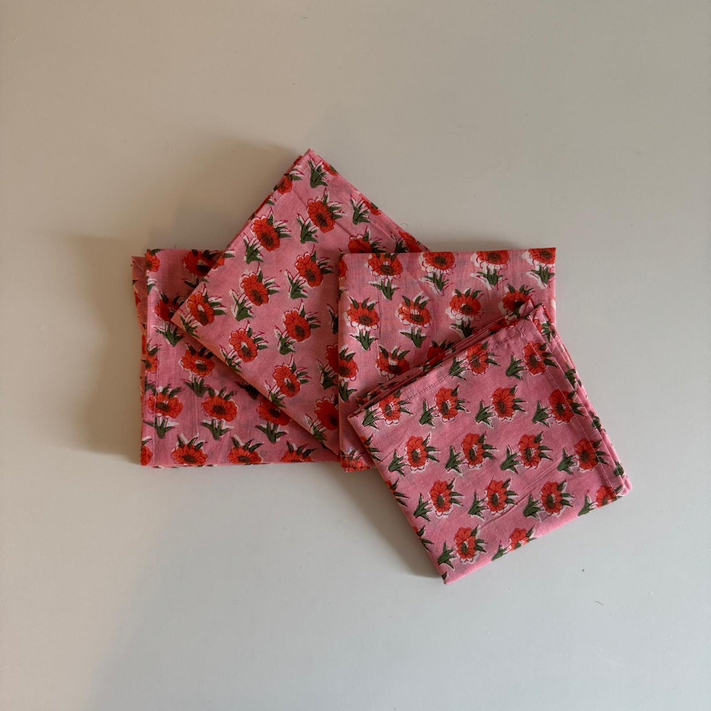 Block Print Napkin Set of 4 - Pink with Red flowers