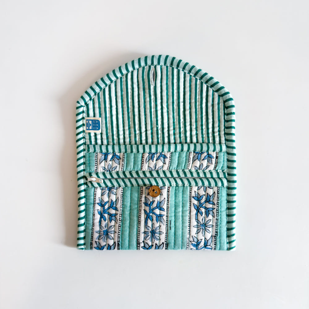 Block Print Quilted Wallet - Turquoise stripes and blue flowers