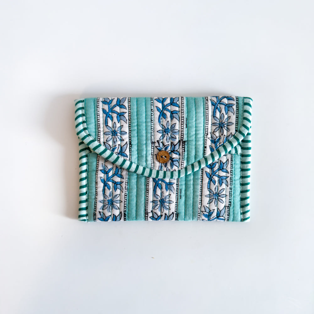 Block Print Quilted Wallet - Turquoise stripes and blue flowers