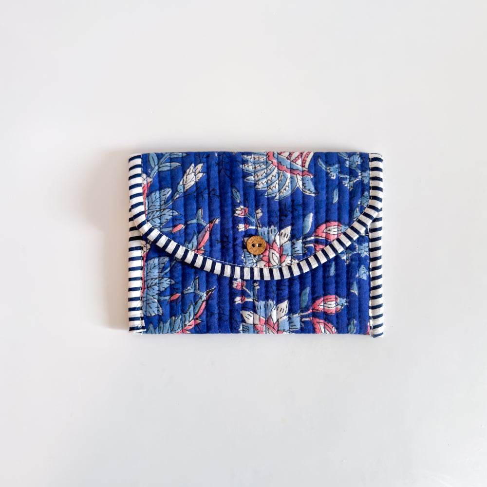 Block Print Wallet - Indigo with pink and blue flowers