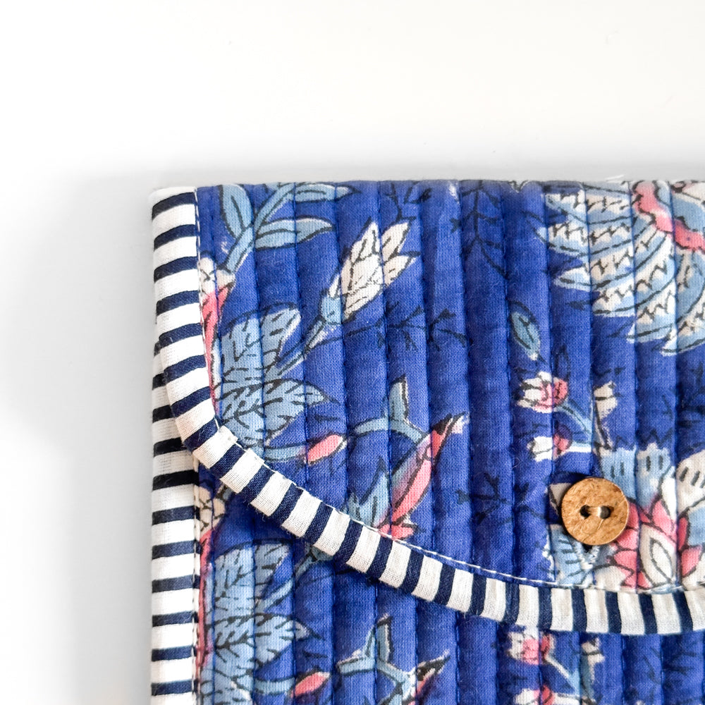 Block Print Wallet - Indigo with pink and blue flowers
