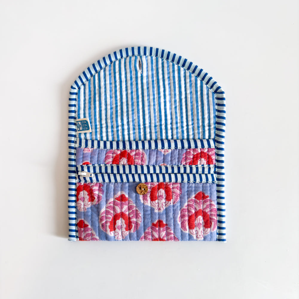 Block Print Wallet - Blue with pink and red flowers