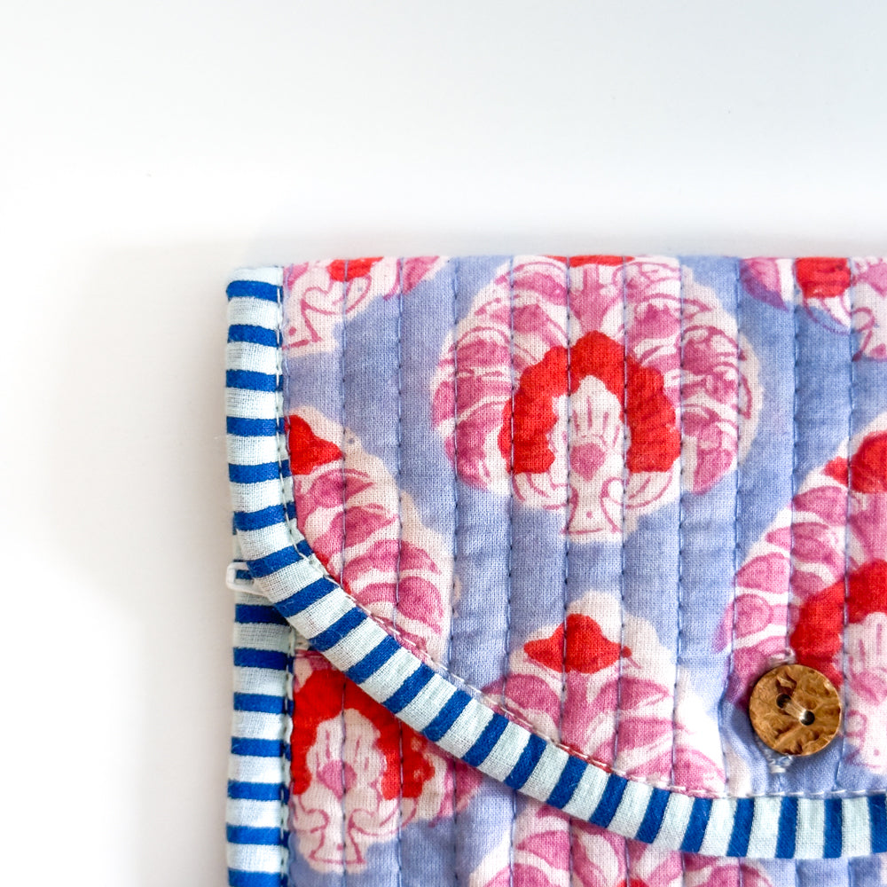 Block Print Wallet - Blue with pink and red flowers