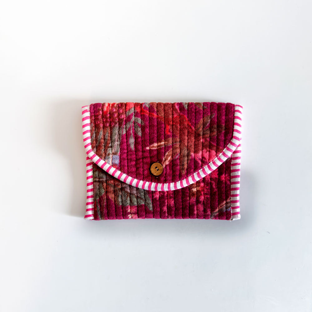 Block Print Velvet Wallet - Burgundy with pink flowers