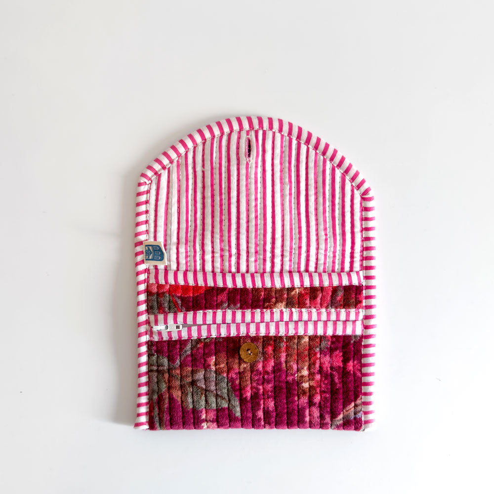 Block Print Velvet Wallet - Burgundy with pink flowers