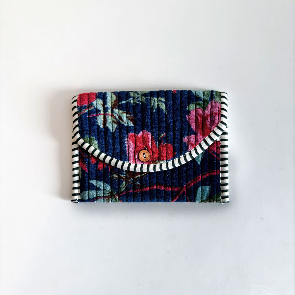 Block Print Velvet Wallet - Cobalt with pink flowers