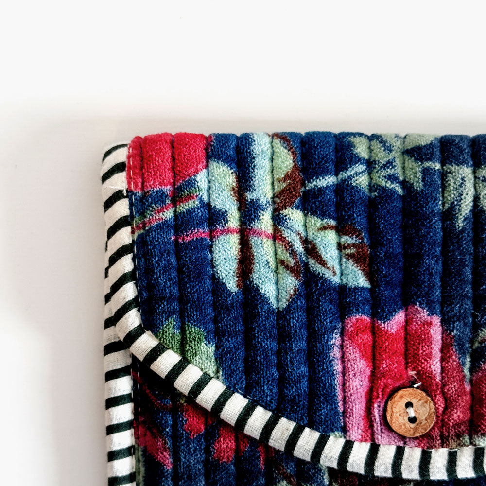 Block Print Velvet Wallet - Cobalt with pink flowers