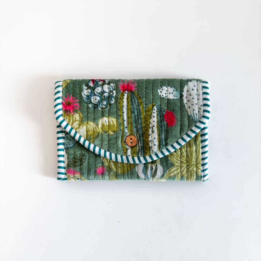 Block Print Velvet Wallet - Green with cactus