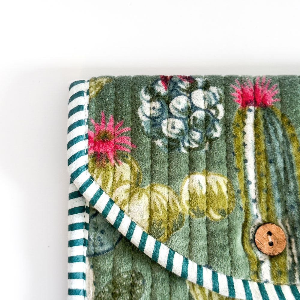 Block Print Velvet Wallet - Green with cactus