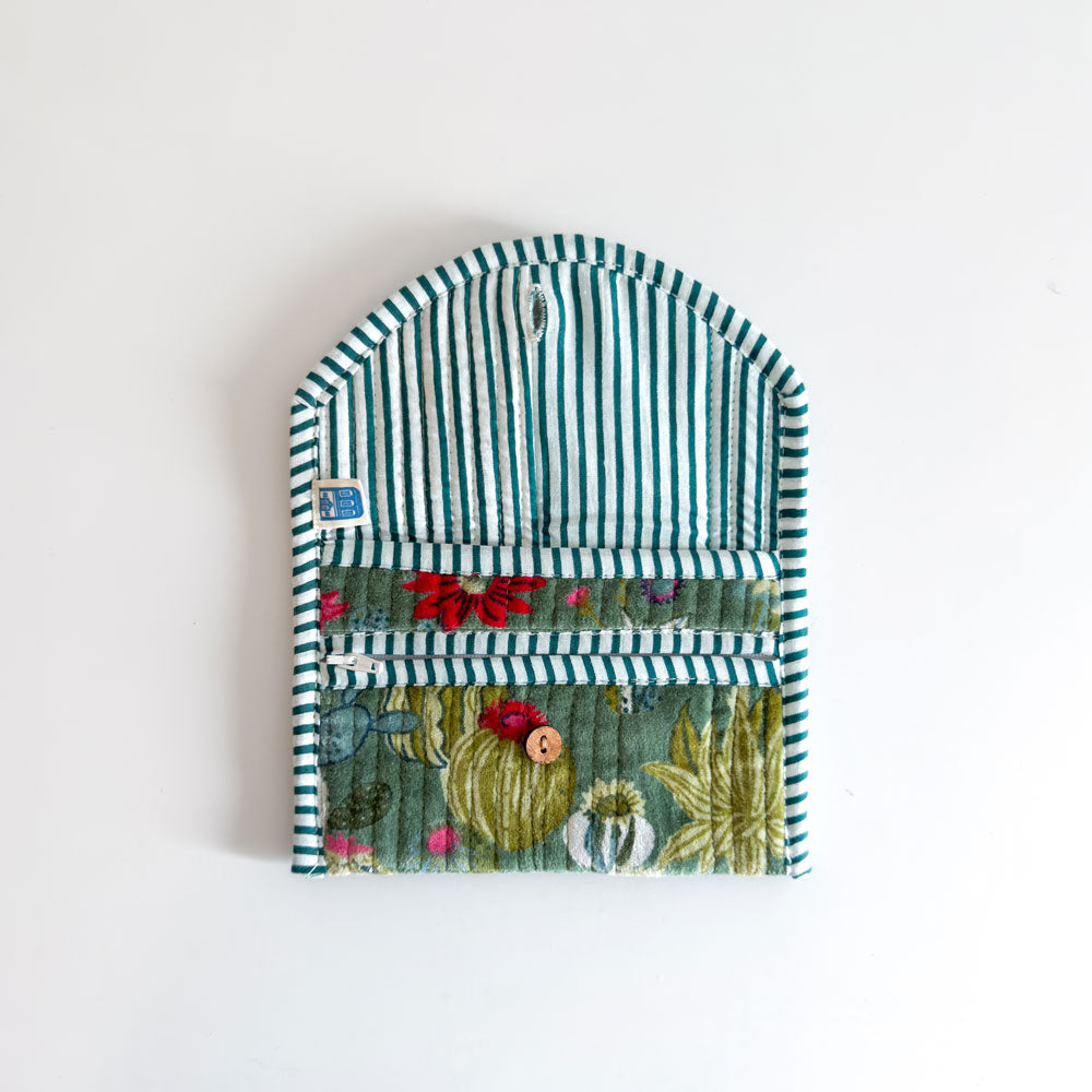 Block Print Velvet Wallet - Green with cactus