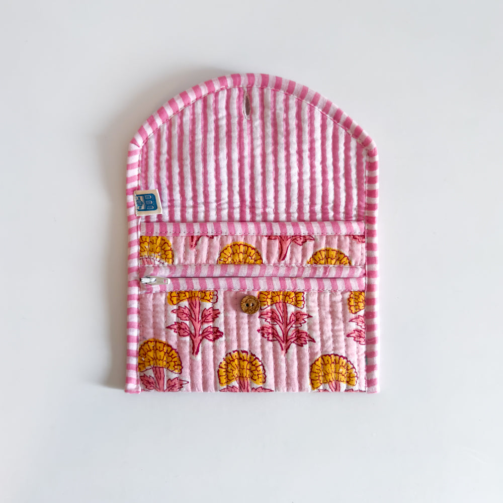 Block Print Wallet - Pink with yellow flowers