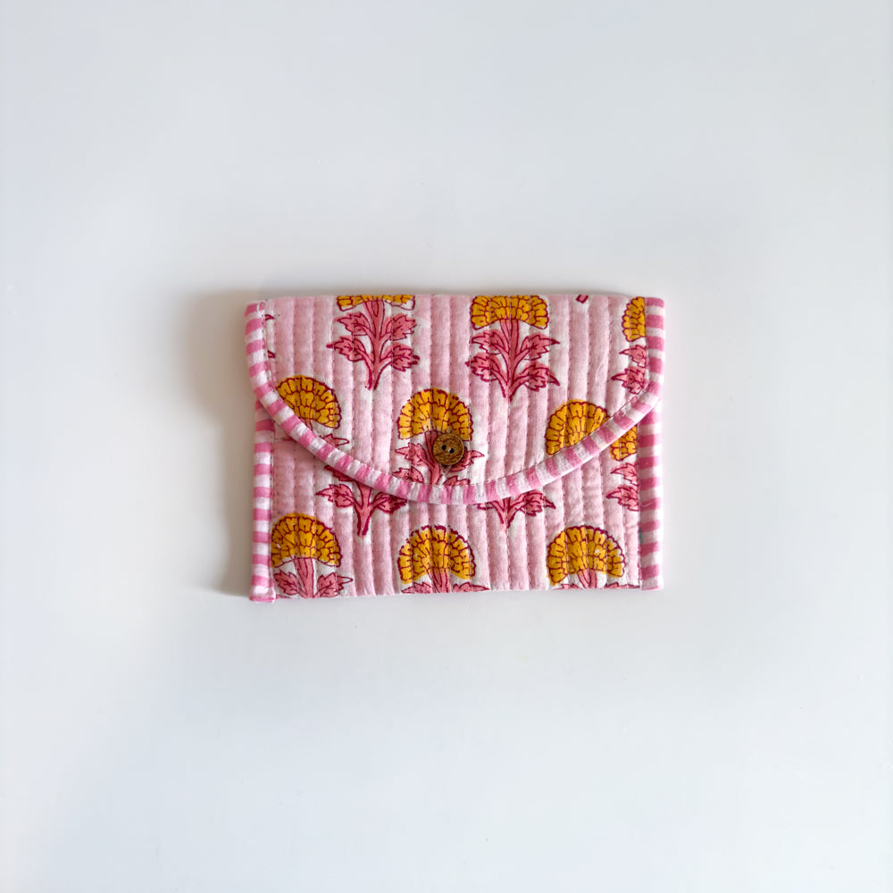 Block Print Wallet - Pink with yellow flowers