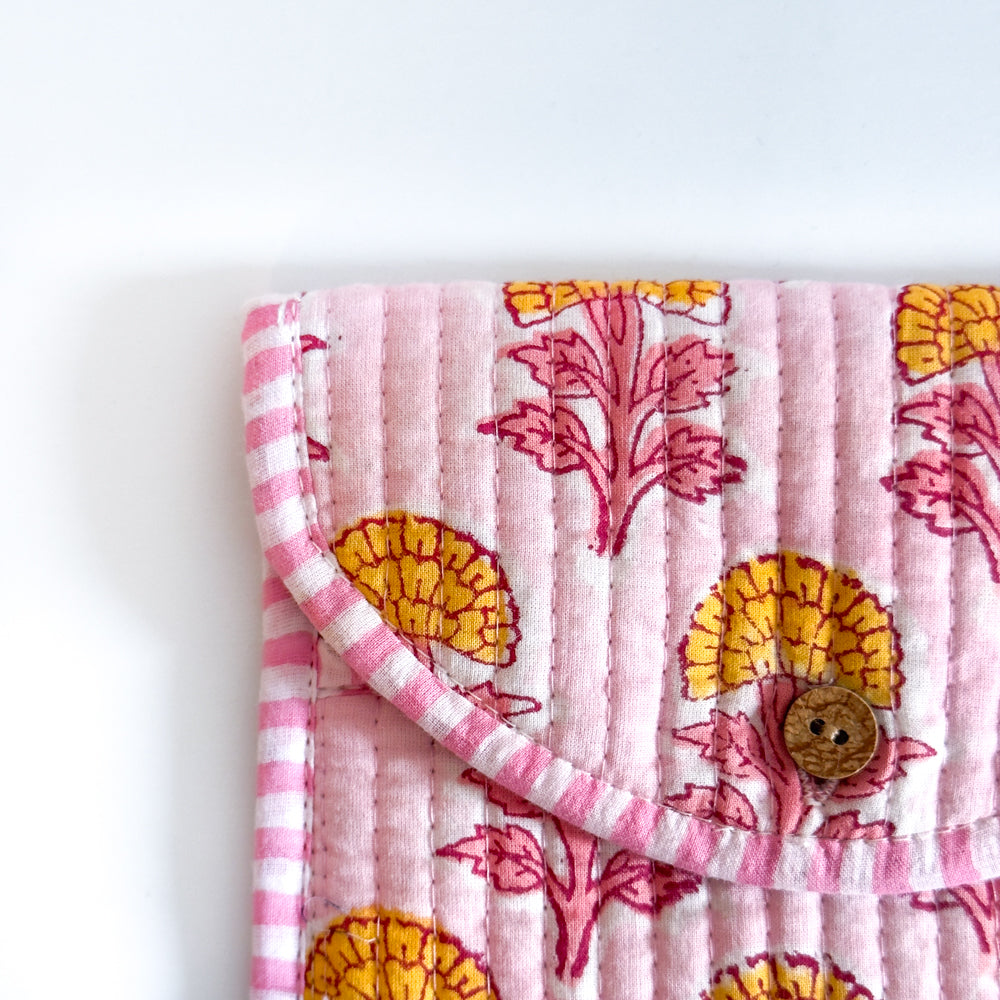 Block Print Wallet - Pink with yellow flowers