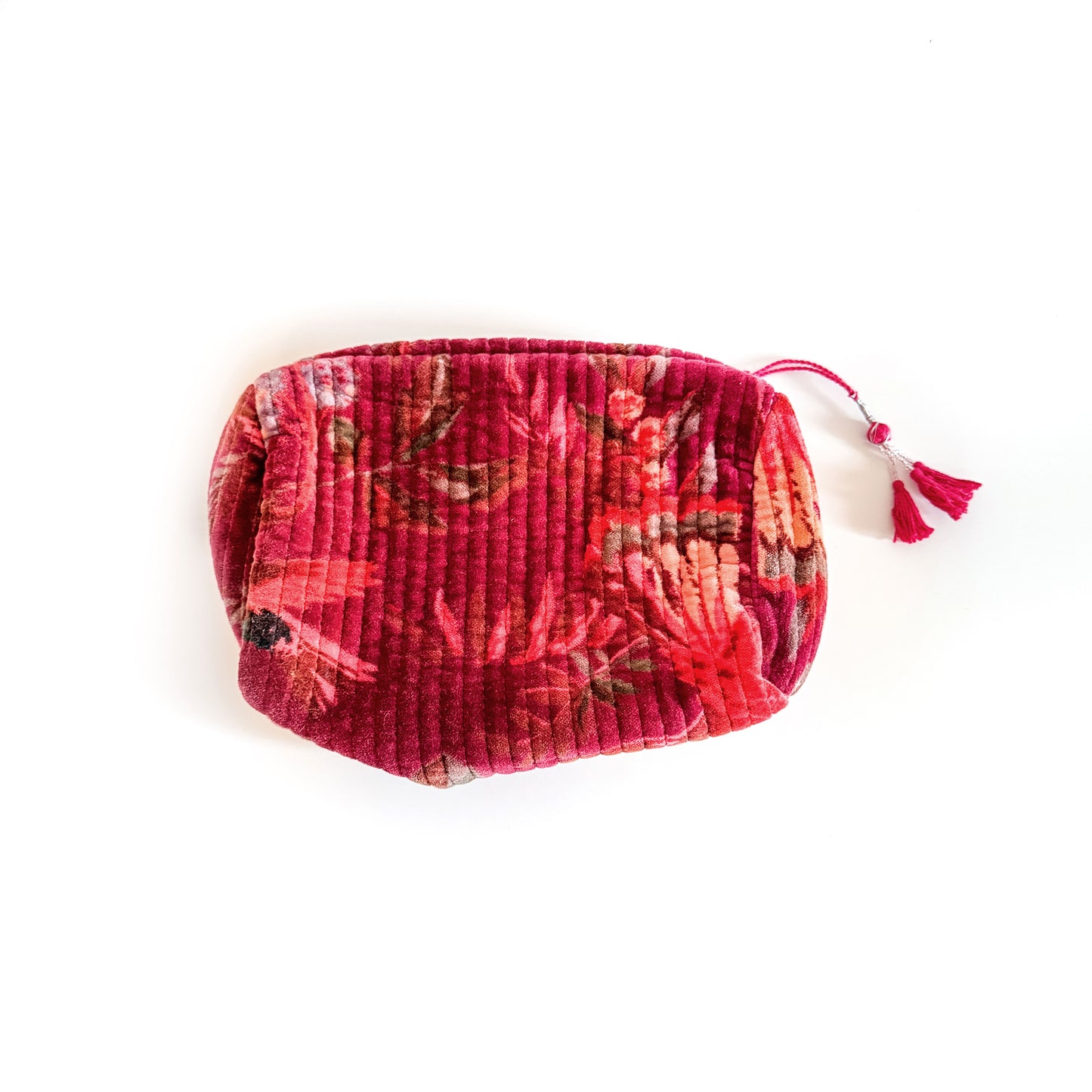 Block Print Velvet Toiletries Bag Large - Burgundy with pink flowers