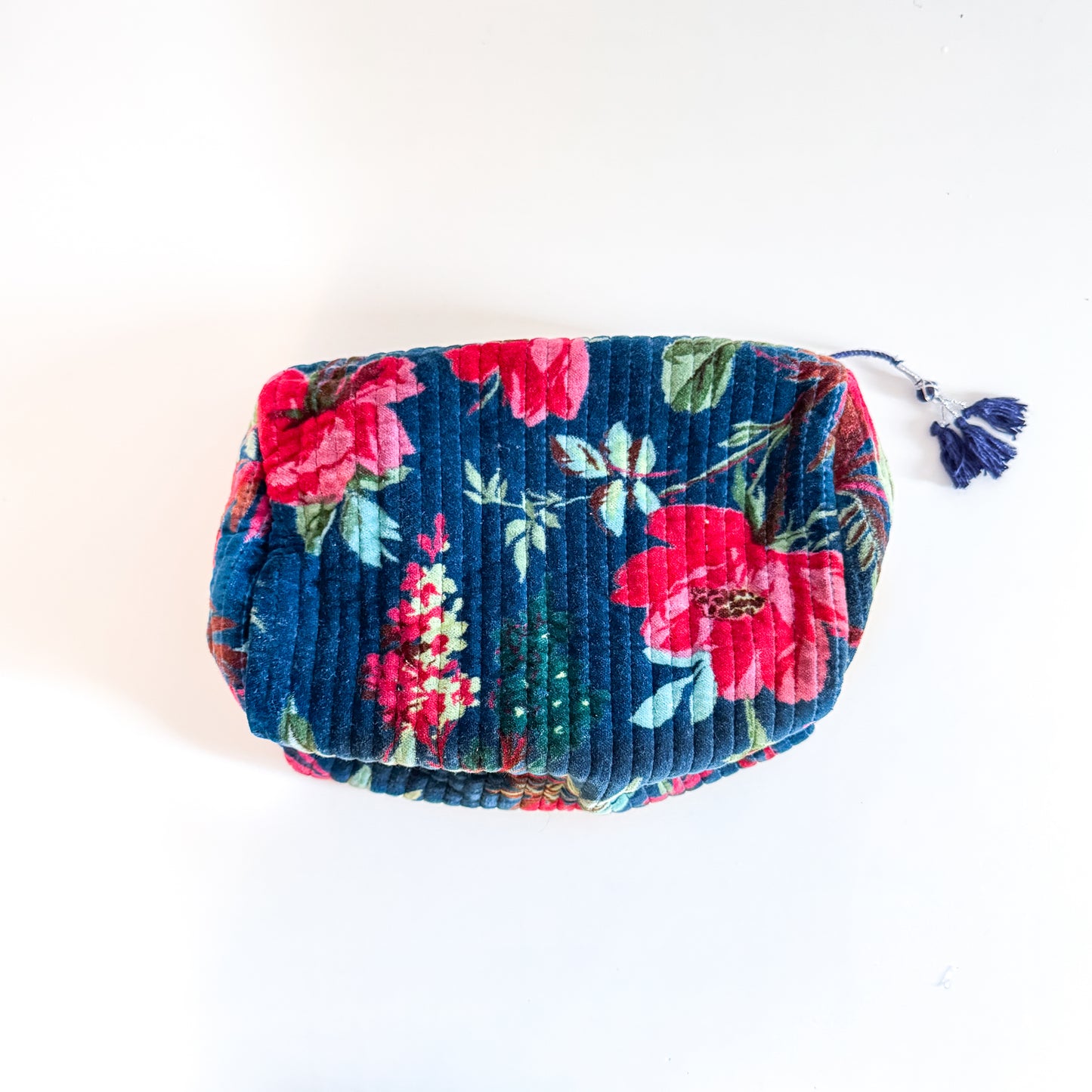 Block Print Velvet Toiletries Bag Large - Cobalt with pink flowers