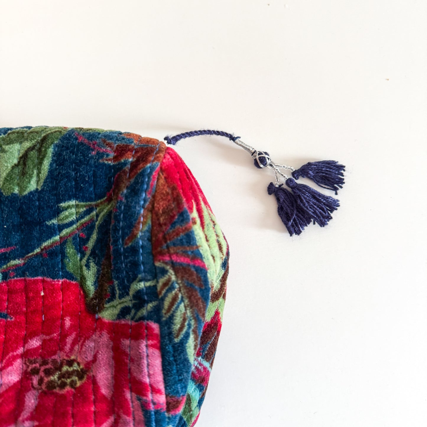 Block Print Velvet Toiletries Bag Large - Cobalt with pink flowers