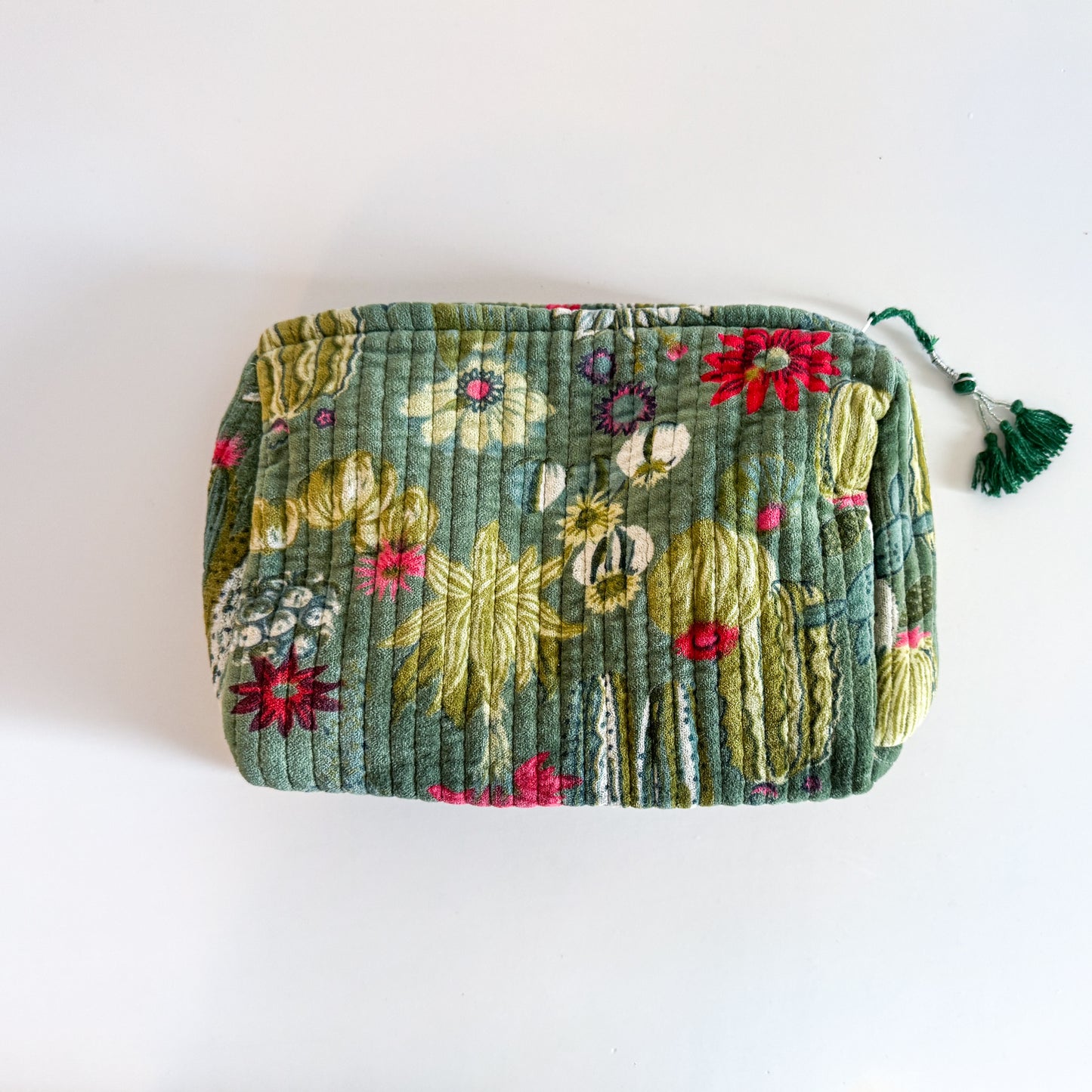 Block Print Velvet Toiletry Bag Large - Green with cactus
