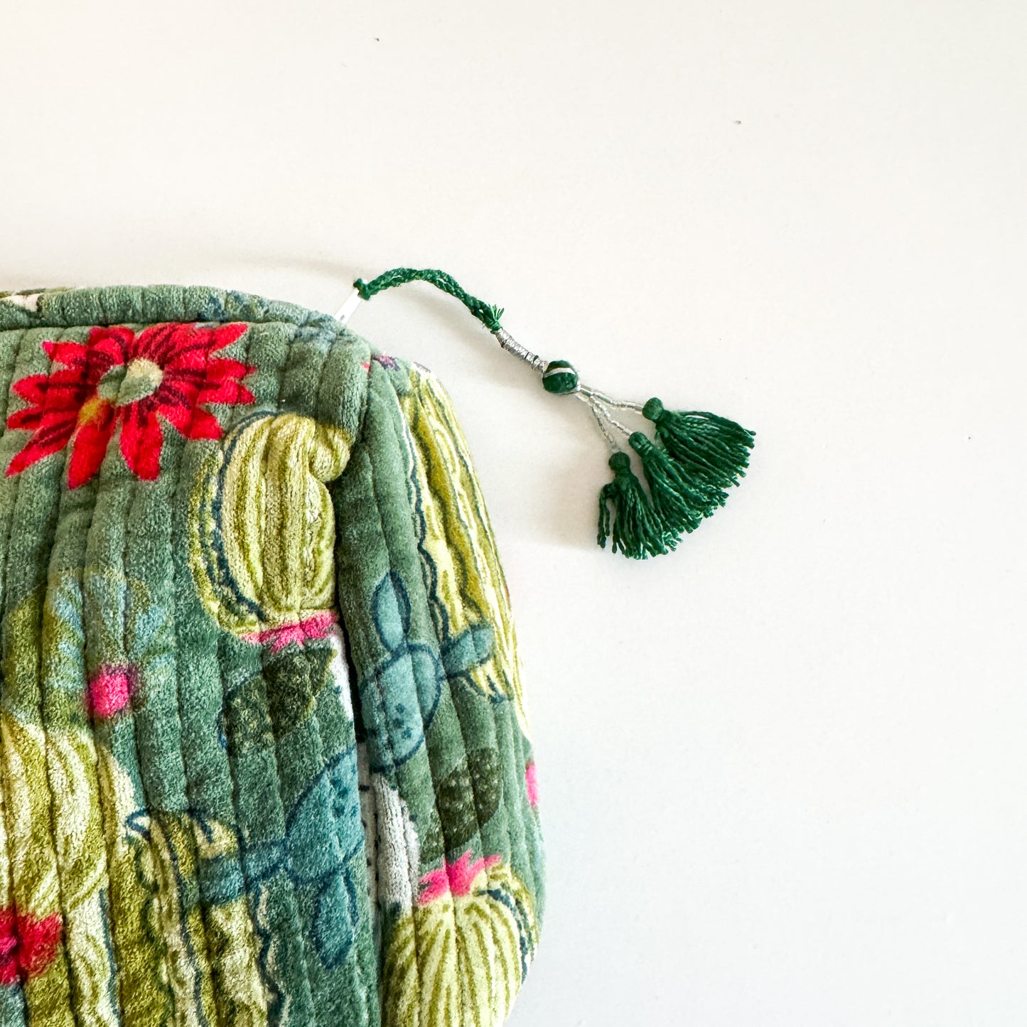 Block Print Velvet Toiletry Bag Large - Green with cactus